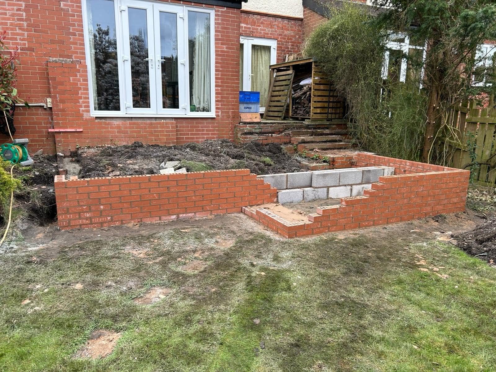 Brick and block retaining walls under construction