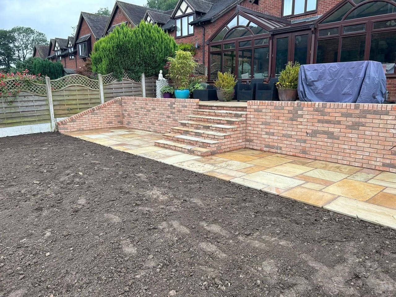 Finished patio, retaining walls and steps